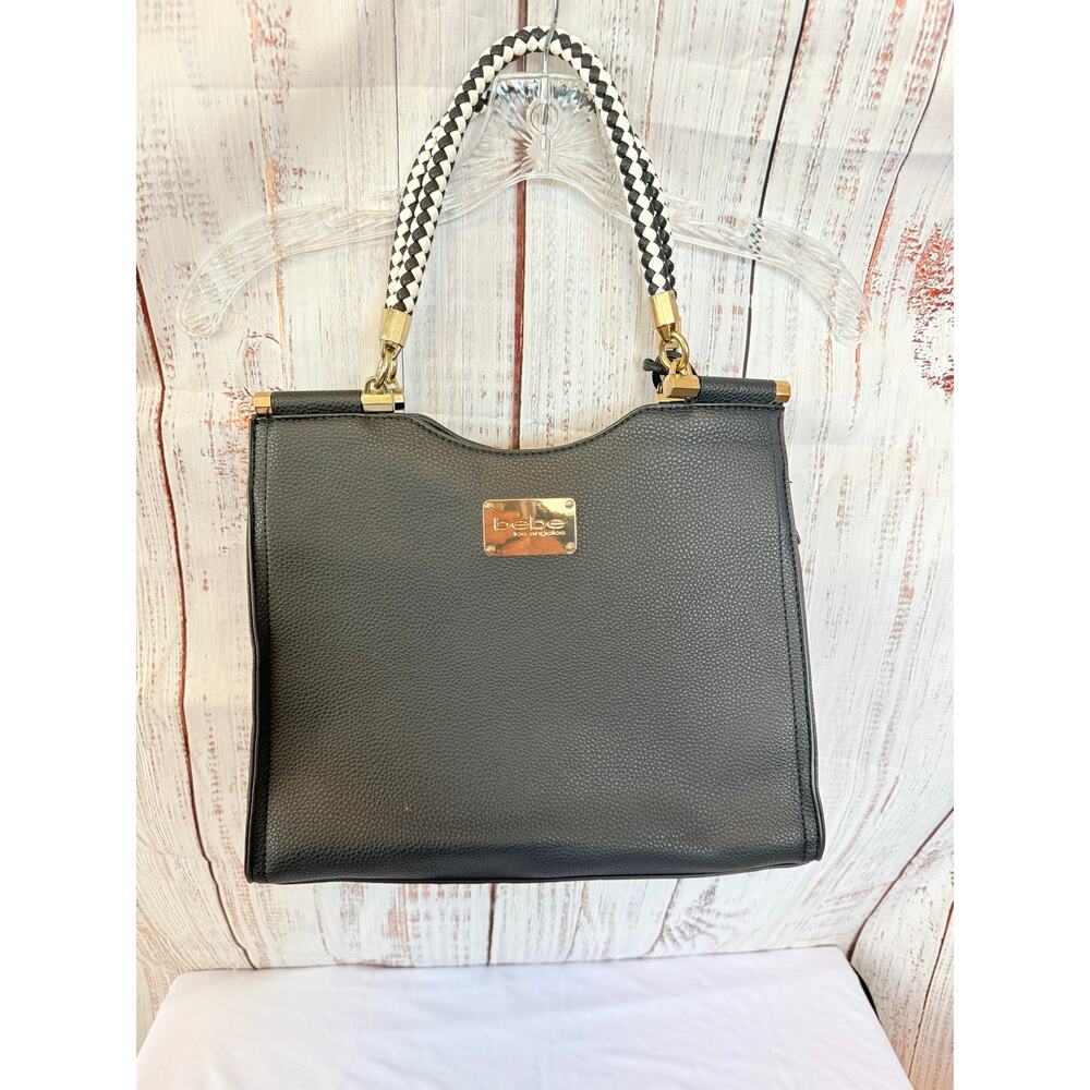Black bebe Los Angeles Structured Tote Shoulder Bag Gold Hardware Tassel